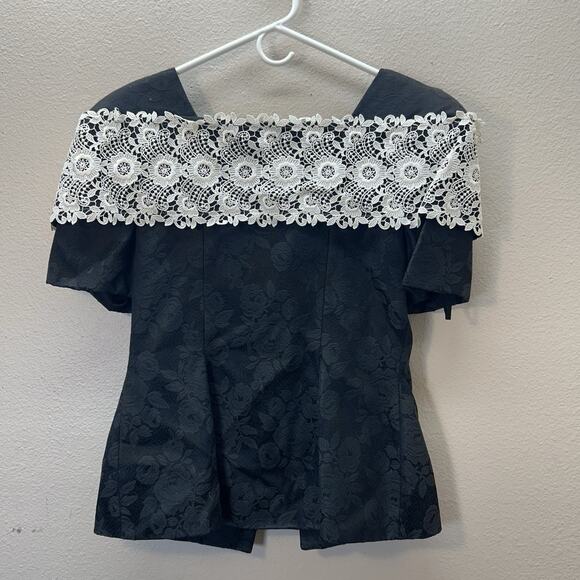 VTG 80s Black Jacquard Blouse Lace Collar Pearl Buttons Romantic Victorian SZ 8 - Picture 1 of 9